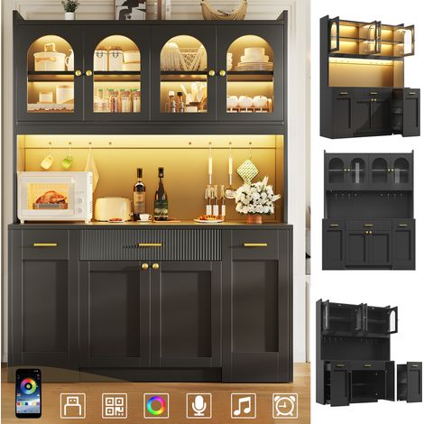 Hochküchenschrank 120cm mit RGB-LED, App-Steuerung, 3 Glasvitrinen, Schubkästen & beidseitigen Roll-Ablagen, Weiß/Schwarz (1/5)
