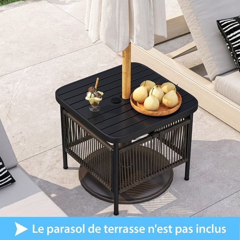 Table d’Appoint d’Extérieur avec Trou pour Parasol de 1,57” Table de Patio Métallique à 2 Niveaux avec Étagère de Rangement Noir et Naturel (1/3)