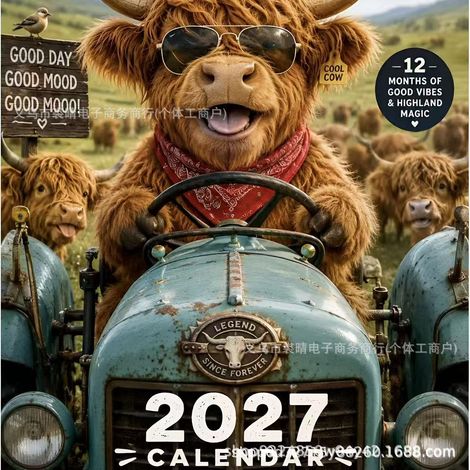 New 2027 Highland Cow Wall Calendar - Highland Cow Calendar A