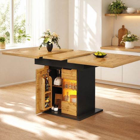 Mesa extensible 110-140 x 80 cm con LED y almacenaje, negro y natural HAVRYA (1/5)