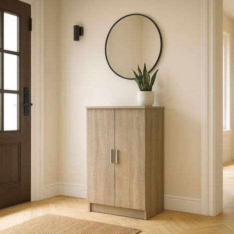 Armoire multifonctionnelle avec 2 portes avec 6 étagères, Étagère à chaussures polyvalente, Meuble de rangement avec étagères, cm 55x36h108, couleur Chêne (1/5)