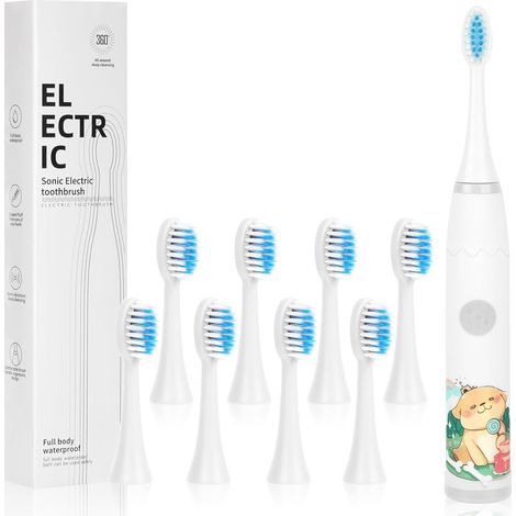 Brosse à Dents Électrique Enfants, Blanc Chiot 4 Modes Nettoyage Brosse à Dents Sonique Rechargeable, Ultra-sileucieux Poils doux, Étanchéité IPX6 Minuterie de 2 mins 8 Têtes Brosse