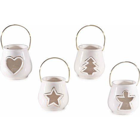Lanterne natalizie portacandela tealight in porcellana con manico e finestrella sagomata, set da 4 pezzi, Ø8cmx8H (con manico13,5)