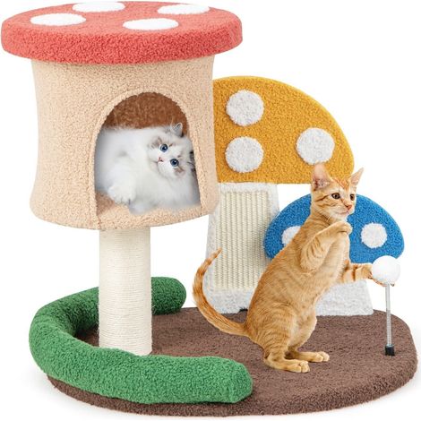 Mushroom Cat Tower 4-In-1 Wooden Cat Tree Activity Center Climbing Stand w/Condo (1/5)