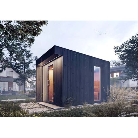 Sauna extérieur FinnTherm Siena Noir Imprégné, 72 mm Épaisseur de paroi 203 x 397 cm