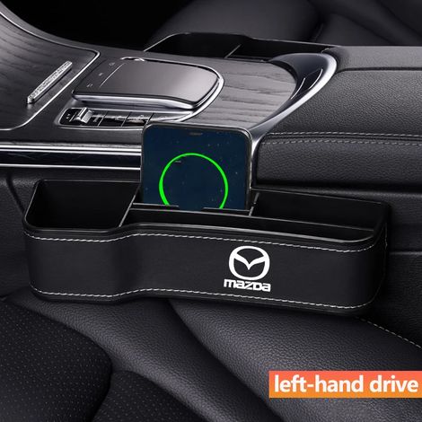 (Noir à gauche) Boîte de rangement en cuir pour l'espace entre les sièges de voiture Mazda 2, 3, MS, CX5, CX3, MX5, RX8. Sac de rangement inclus. (1/5)