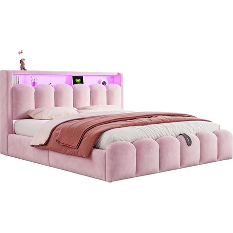 Letto Matrimoniale Contenitore con USB, Type-C e LED, 180 x 200 cm, Senza Materasso, Rosa (1/5)
