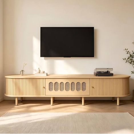 Mobile TV basso 180x40x40 cm con 5 vani chiusi, 2 ante a rullo, MDF, colore legno naturale (1/5)