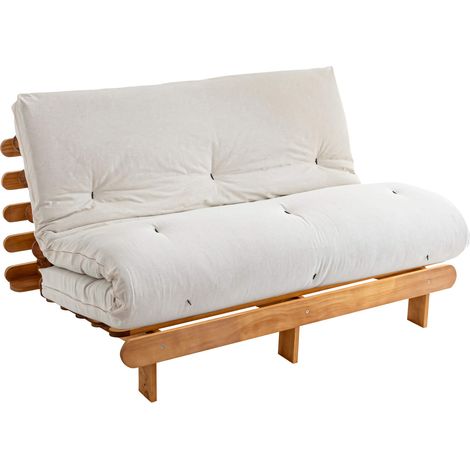 Ensemble matelas futon en coton et structure en bois massif naturel 140x200 Ecru (1/5)