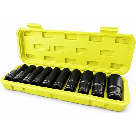 Juego de 10 llaves de impacto profundas de 1/2", métricas, de 6 puntas, de acero Cr-V, para extraer tuercas de rueda de 8 a 24 mm, con estuche de almacenamiento (amarillo). (1/5)