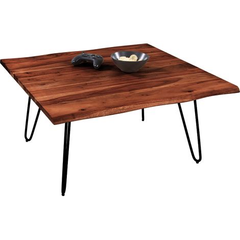 Couchtisch Baumkante massiv Akazie nussbaum 90 x 90 Hairpin-Gestell schwarz NOAH