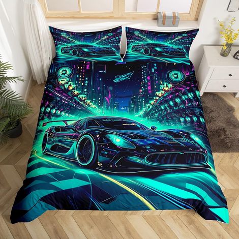 Housse de Couette Voiture de Course 220x240 Enfant Garçon, Parure de Lit Jeux de Course Automobile, Sets de Housses de Couettes Voiture de Sport, Couvre Lit Bleu Sarcelle (1/5)