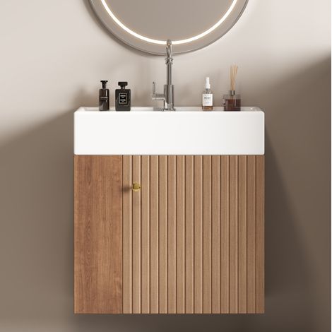 Meuble vasque suspendu 55 cm en MDF brun, avec rangement pour petite salle de bain FloraGrace (1/5)