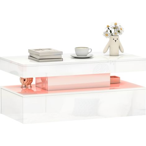 HOMCOM LED Coffee Table with Storage, High Gloss Living Room Table, White (1/5)