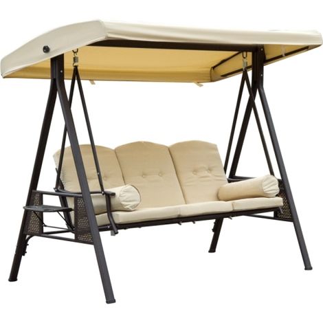 Altalena Hollywood a 3 posti con parasole, beige e marrone, 121 x 208 x 172 cm, disponibile in loco. (1/5)