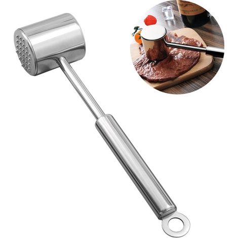 Attendrisseur de viande - Ustensile de cuisine - Marteau double face - Poignée ergonomique - Aplatir les steaks / Attendrir la viande / Masse - Acier inoxydable - Argent (1/5)