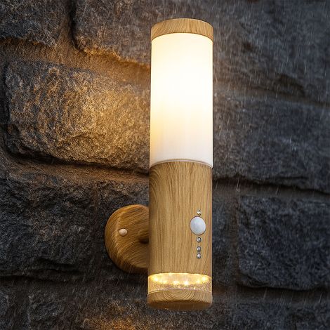 Aussenleuchte Außenlampe Bewegungsmelder Edelstahl mit Bewegungsmelder Wandlampe Aussen Edelstahl, Holz Optik mit Deko LED, 1x E27, BxH 8,5 x 35 cm
