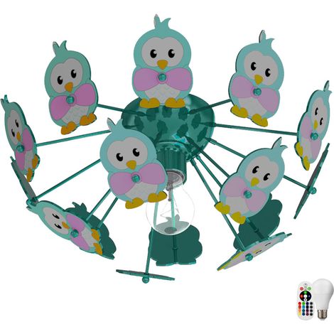 Kinder Zimmer Decken Lampe Fernbedienung Eulen Tier Leuchte im Set inklusive RGB LED Leuchtmittel (1/5)