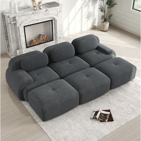 Modulares Ecksofa 298x178x75 cm grau aus Cordstoff rahmenlos mit 3 Hockern (1/5)