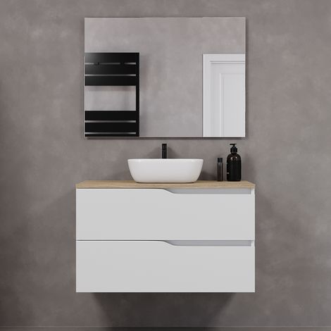 Meuble de salle de bain 90cm avec plateau miel et vasque à poser zeus - 2 tiroirs - blanc - LUNA (1/5)