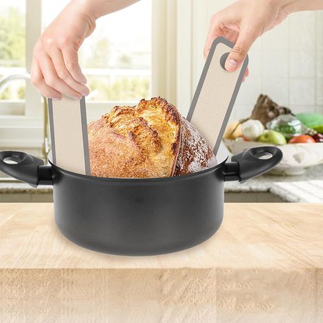 Tapis de cuisson en silicone pour cocottes en fonte, lot de 2, antiadhésifs et faciles à nettoyer, réutilisables, avec de longues poignées pour faciliter le transfert du pain au levain.