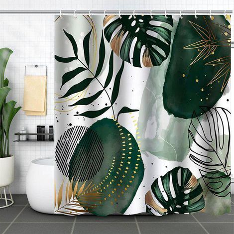 rideau De Douche Boho 180 X 180, Rideau De Douche Abstrait Feuilles Tropicales Vertes Du Milieu Du Sicle Moderne Gomtrique Minimaliste Art Esthtiq (1/2)