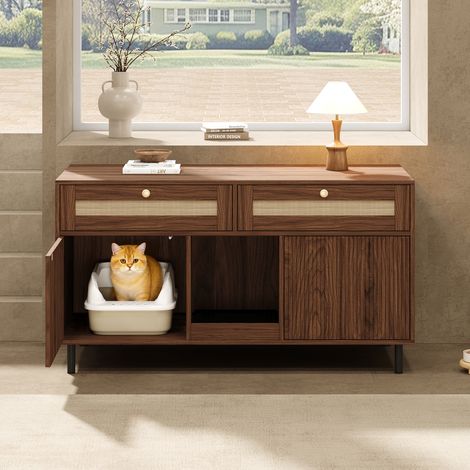 Meuble pour litière de chat avec tapis attrape-sable, meuble pour chat pour bac à litière, meuble pour animaux avec tiroirs en rotin, buffet/meuble TV pour animaux, sans bac à litière, couleur noyer, (1/5)