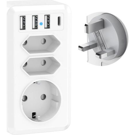 Adaptateur Voyage 7 en 1 avec 3 USB et USB-C Adaptateur France vers UK Prise Anglaise Adaptateur UK Type G pour Irlande Malaisie Angleterre Royaume-Uni Dubai (1/5)