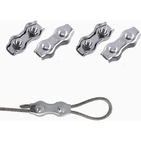 Serre Cable Acier, Serre Corde, Duplex Clips, M3 Double Serre-Câbles, Double Serre Câbles Inox, M3 Serre-Câbles en Acier Inoxydable pour la fixation d'un auvent de corde à linge, 4 Pièces (1/5)