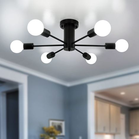 Plafonnier semi-encastré, plafonnier à 6 têtes, lustre moderne Sputnik, luminaire suspendu du milieu du siècle, noir (ampoule non incluse) (1/5)