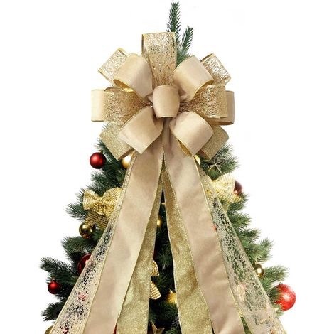 Nœud de sommet de sapin de Noël, grand nœud de sommet de 43x13 pouces pour sapin de Noël, ruban en maille satin pailleté et bord métallisé, ornement de sommet de sapin de Noël (1/4)