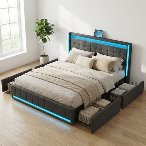 Letto 140x200 con 4 cassetti, letto matrimoniale per adulti con illuminazione LED, testiera con porte USB/Type-C, tessuto di lino, stile moderno/scandinavo(140x200cm, Grigio)