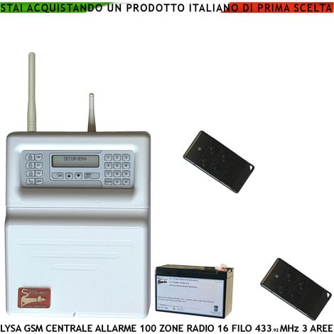 Allarme 100 Zone Radio 16 Filo Lysa GSM Centrale 433,92 MHz 3 Aree 2 Radiocomandi Bidirezionali 4 Canali Batteria 12 V 7 Ah Memoria Eventi App Sydra Android Codici Utente e Tecnico Ascolto Ambientale (1/5)