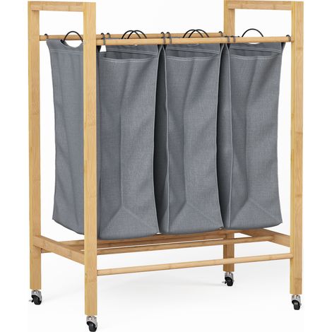 Panier à linge 3 compartiments sur roulettes, bac à linge amovible 90 L en bambou et tissu, mobile pour chambre, salle de bain ou buanderie - CHICFURN (1/5)
