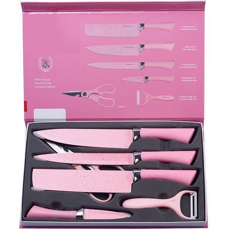 Ensemble de 6 couteaux colorés en acier inoxydable, pratique et doté d'un manche ergonomique pour la découpe (rose).
