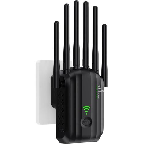 WiFi Repeater, WiFi Amplifier, WiFi Repeater, 6 Antennas, 2 LAN Ports, WiFi Extender, Router/Repeater/AP Mode, 360° Full Coverage, Coverage Up to 300 m², Easy to Install (Black)