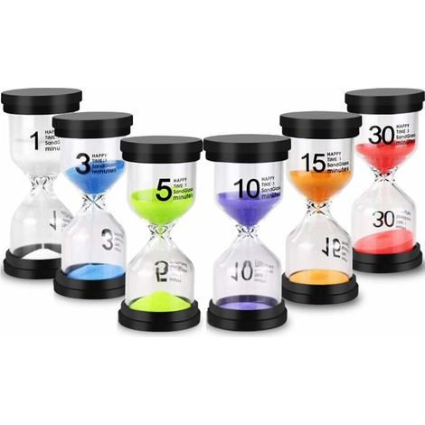 Sablier - 6 Durées 1 à 30 Min - Verre Borosilicate et ABS - Pour Classe Bureau Cuisine Enfant - Lot de 6