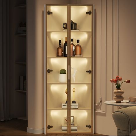 REDOM - Vetrina angolare 62x35x160 cm, illuminazione LED cerniere a chiusura ammortizzata, MDF e vetro, bianco (1/5)