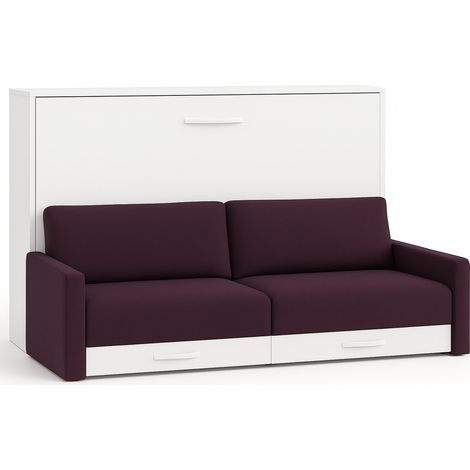 Lit escamotable horizontal avec canapé Vetal 120x200-Canapé Violet-Structure et Façade Blanche (1/5)