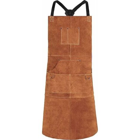 Tablier de Soudure, Tablier de Travail en Cuir de Vachette avec 6 Poches, 24"x 36" Tablier de Cuisine Multifonctionnel, Brets Réglables de M à XXL pour Hommes et Femmes (Marron)