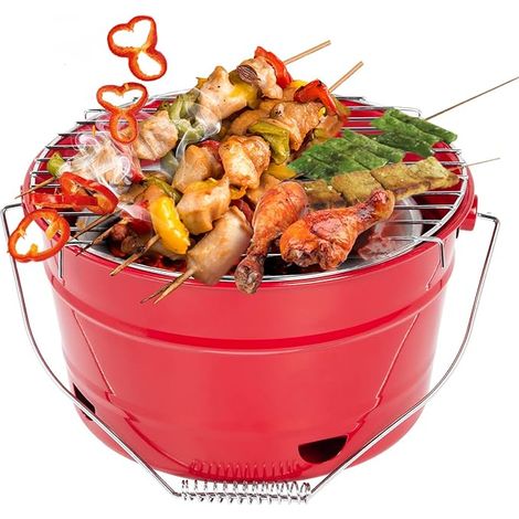 Grill Tragbarer Grilleimer mit Griff, Leckeres BBQ, Picknickgrill mit Großer Grillfläche, Holzkohle, Durchmesser 27,5 cm, Geeignet für 1-4 Personen, Rot