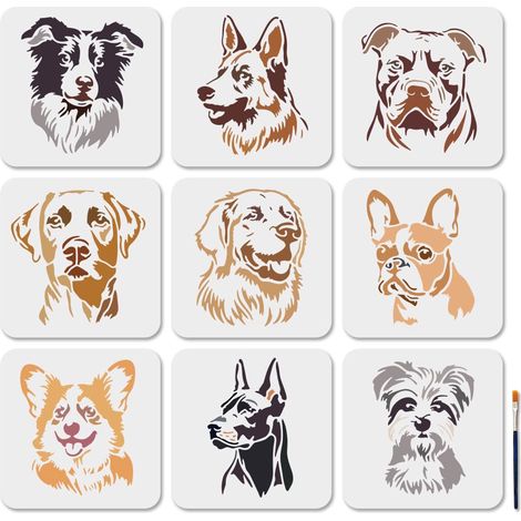9Pcs Pochoir de Peinture pour Chien 20×20cm Tête de Chien Modèles D'Animaux avec Pinceau pour Bois Mur Fenêtre Bricolage Décoration D'Intérieur (1/5)