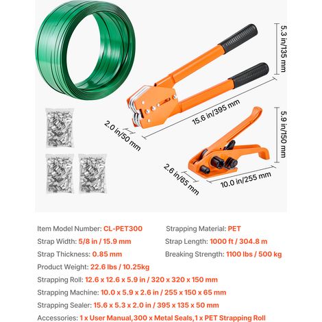 VEVOR Banding Strapping Kit, Heavy Duty Banding Sealer Tool with 305 m Length PET Band, 300 Metal Seals, Plastic Manual Pallet Packaging Strapping Kit for Warehouse/Shipping/Moving/Home, Orange (1/4)