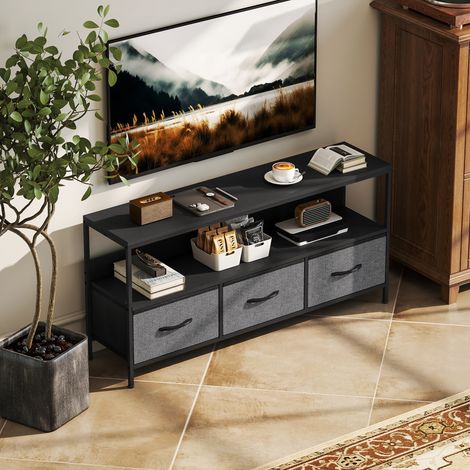 Meuble TV TV Jusqu'à 55 Pouces, 3 Tiroirs, Pieds Acier, 120 x 29 x 56 cm, Noir (1/5)