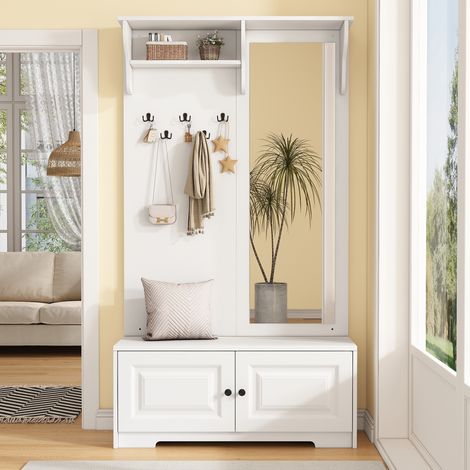 Porte-manteaux compact blanc 100x40x180 cm avec miroir,5 crochets et 2 armoires. Associé à l’armoire à chaussures,idéal pour le couloir. (1/5)