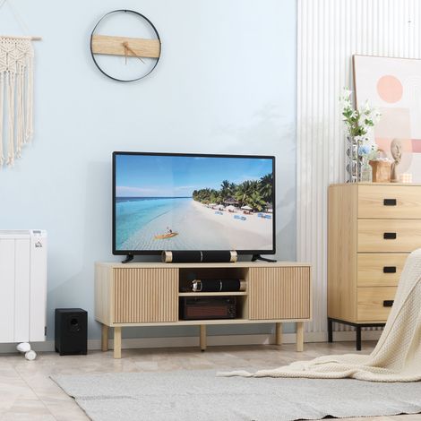 Meuble TV 120 cm pour téléviseur jusqu'à 50 pouces, coffre avec 2 portes coulissantes et 2 compartiments, passe-fils intégré, bois robuste, dimensions 115x40x49 cm (1/5)