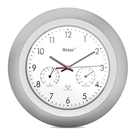 Mebus Funk-Wanduhr mit Thermometer und Hygrometer/silberner Rahmen/weißes Zifferblatt / 29cm Durchmesser/Rund/Modell: 19450 / Farbe: Silber, Weiß (1/5)