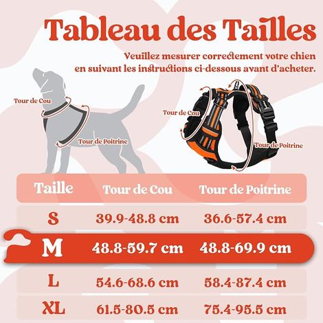 Harnais Chien avec Boucles, Harnais Anti Traction pour Chien avec Poignée et Attache Devant, Réglable, Réfléchissant, Chiens Moyen, Orange, M (1/4)