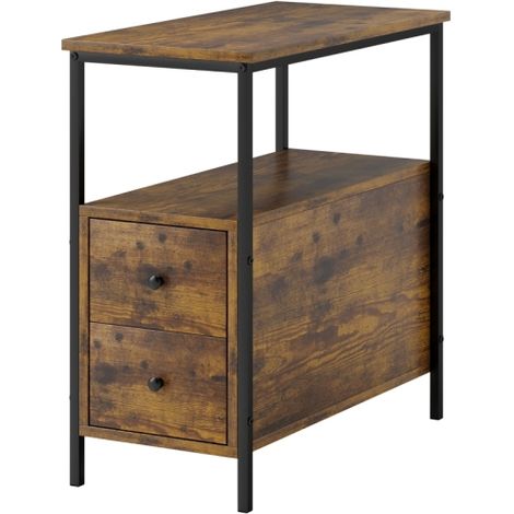 Narrow Bedside Table with 2 Drawers and Storage Shelf,Rustic Brown Industrial End Table with Metal Frame for Small Spaces