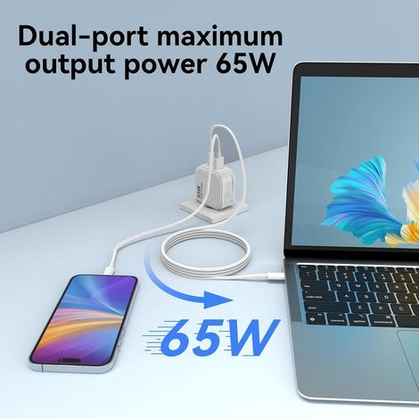 Chargeur USB C 65W Bloc d'alimentation 2 Ports PD 3.0 Adaptateur Rapide Universel Charger Câble Compatible iPhone iPad Macbook Galaxy Huawei Xiaomi Redmi Oppo Vivo Lenovo HP Dell ASUS Acer (1/4)